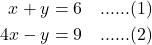 \begin{align*} x + y &= 6 \quad \text{......(1)} \\ 4x - y &= 9 \quad \text{......(2)} \end{align*}