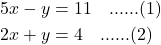 \begin{align*} 5x - y &= 11 \quad \text{......(1)} \\ 2x + y &= 4 \quad \text{......(2)} \end{align*}