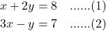 \begin{align*} x + 2y &= 8 \quad \text{......(1)} \\ 3x - y &= 7 \quad \text{......(2)} \end{align*}